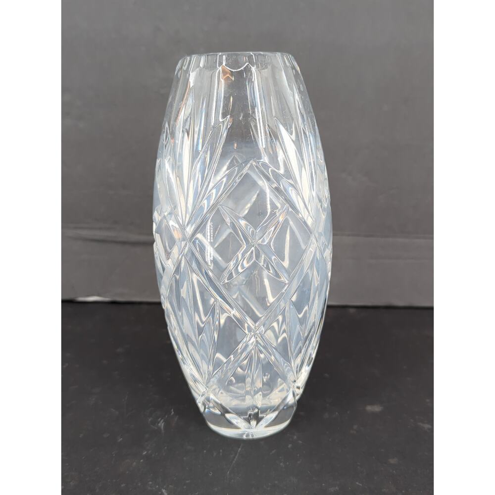 Vintage Crystal Cut Glass Flower Vase Oval Barrel Shape Diamond Pattern 8" - Picture 2 of 8